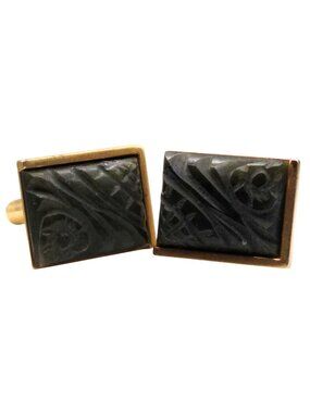 Vintage Anson Carved Jade Cufflinks, Gold Tone Squares with Dark Green Stones